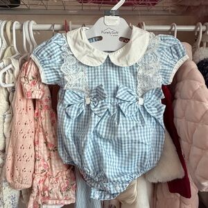 Vintage Blue Gingham Baby Girl Romper with White Collar
